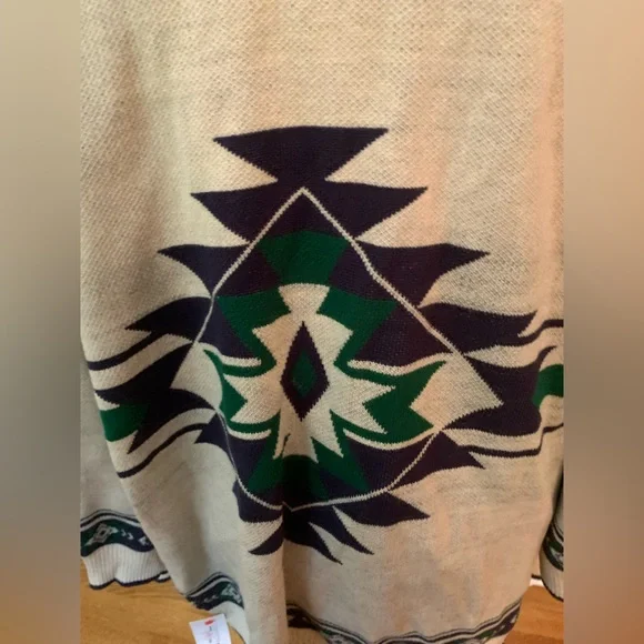 Bo Bel Beige with Dark Green and Purple Fringe Cardigan Sweeter NWT - Picture 9 of 12